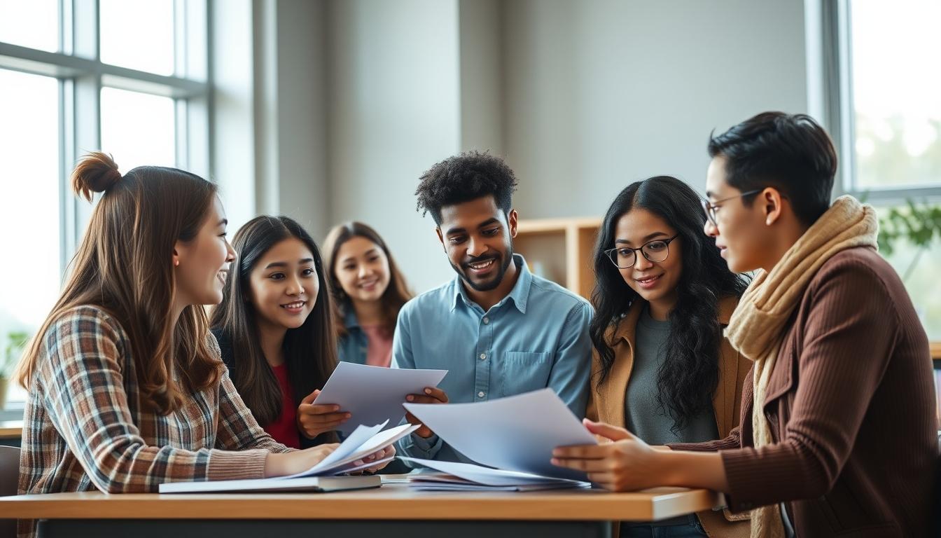 Students studying together in modern classroom